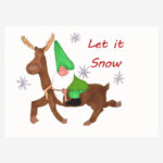Christmas Card with a Gnome Riding a Moose in the Snow