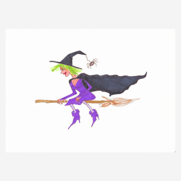 Blank greeting card featuring a cute witch flying on a broomstick for birthday or halloween or party invitation
