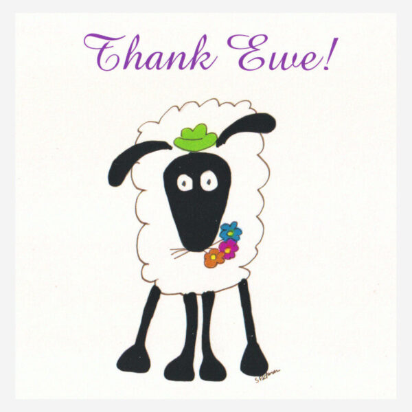 Thank You card featuring a sheep saying Thank Ewe