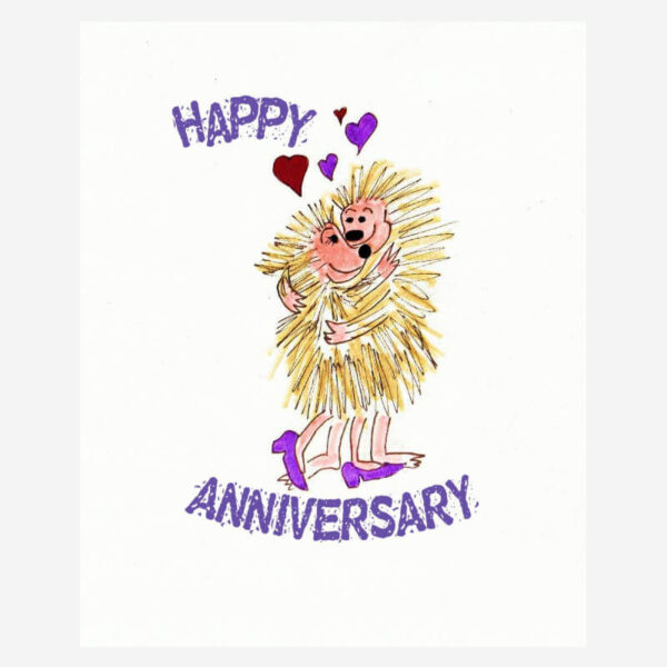 Hedgehogs hugging anniversary card