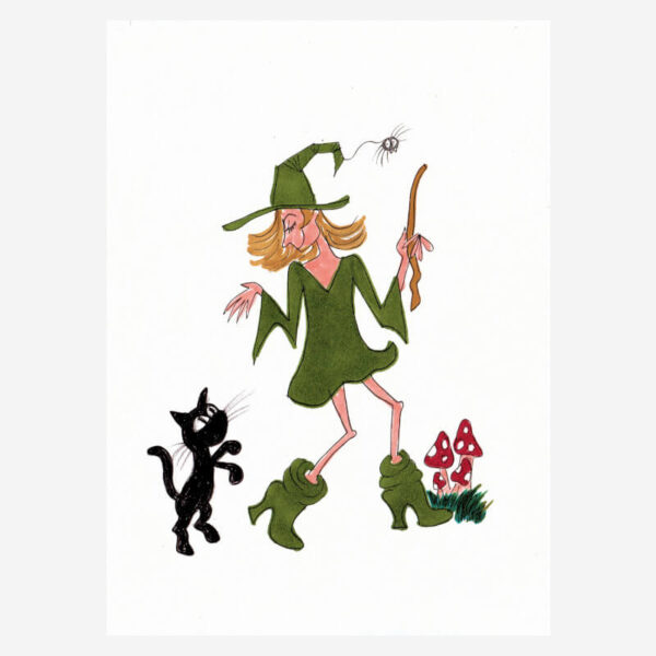 Greeting card featuring a cute witch+black cat