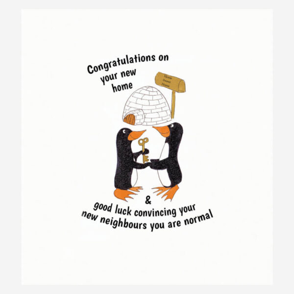New home card featuring cute penguins